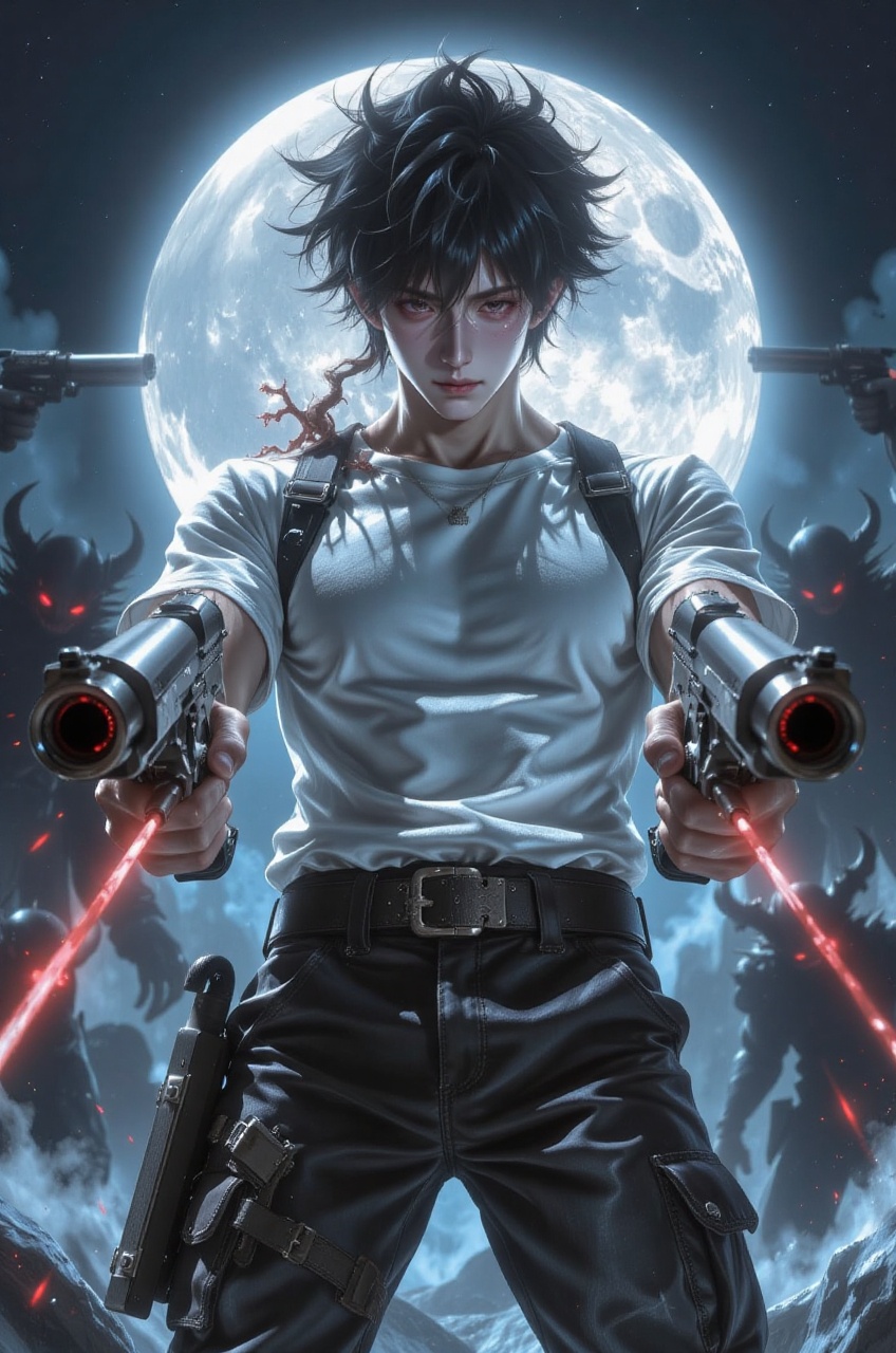 an anime illustration of a fierce male gunslinger captured from a straight-on eye-level camera view angle with a dramatic...