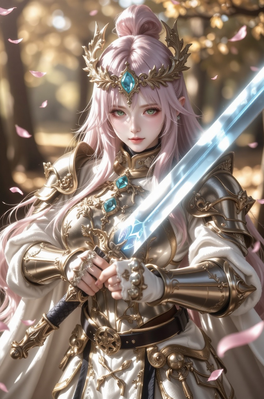an anime illustration of a female knight captured from a dynamic high-angle close-up camera view,  offering a forced persp...