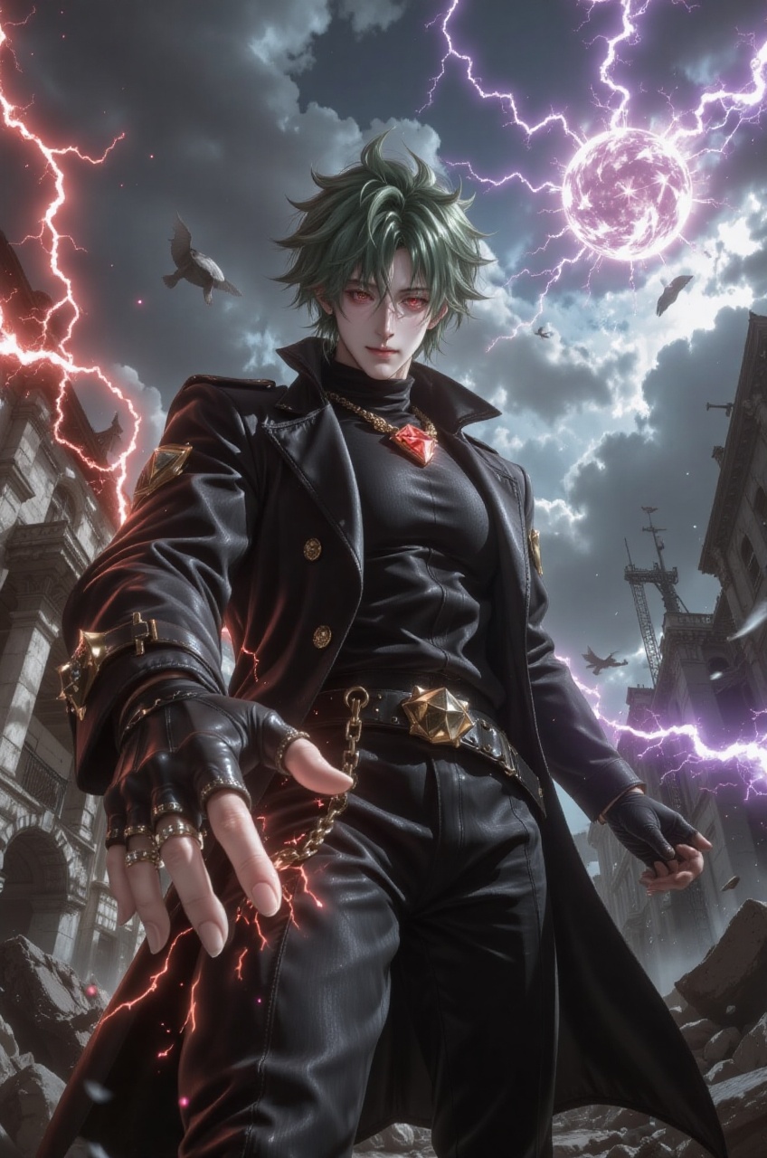 an anime illustration of a powerful male dark-fantasy warrior captures a dramatic low-angle camera view angle looking upwa...