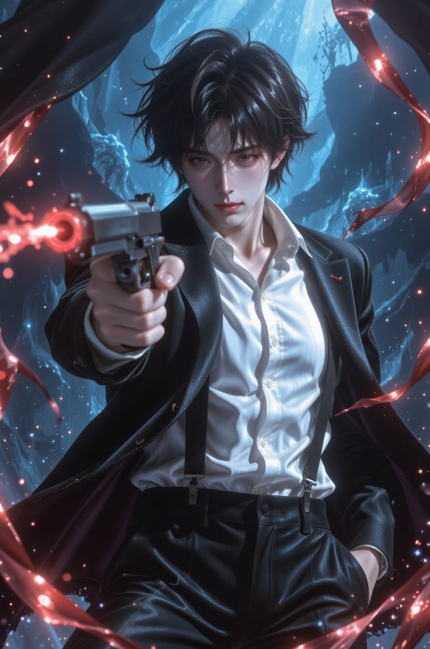 an anime illustration of an intense male gunslinger captured from a low-angle camera view that creates a forced,  dramatic...