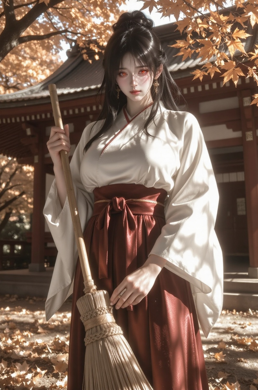 an anime illustration of a female miko shrine maiden with long black hair and glowing red eyes is captured from a low-angl...