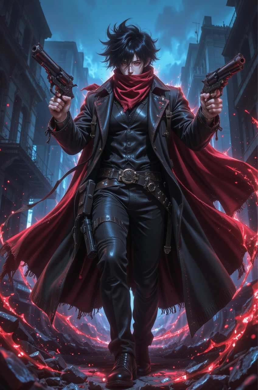 an anime illustration of a fierce dual-wielding gunslinger captured from a straight-on eye-level camera view angle with a...