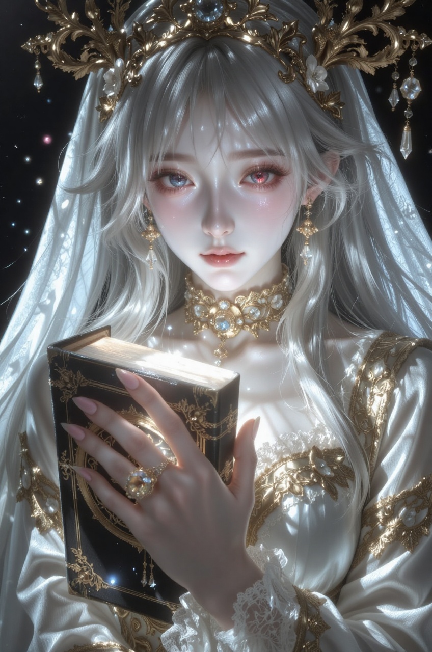 an anime illustration of a mystical young woman captured from an extreme close-up camera view angle,  offering a macro pho...