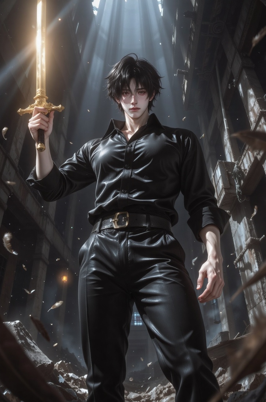 an anime illustration of a powerful male subject captured from a dramatic low-angle camera view,  creating a forced perspe...