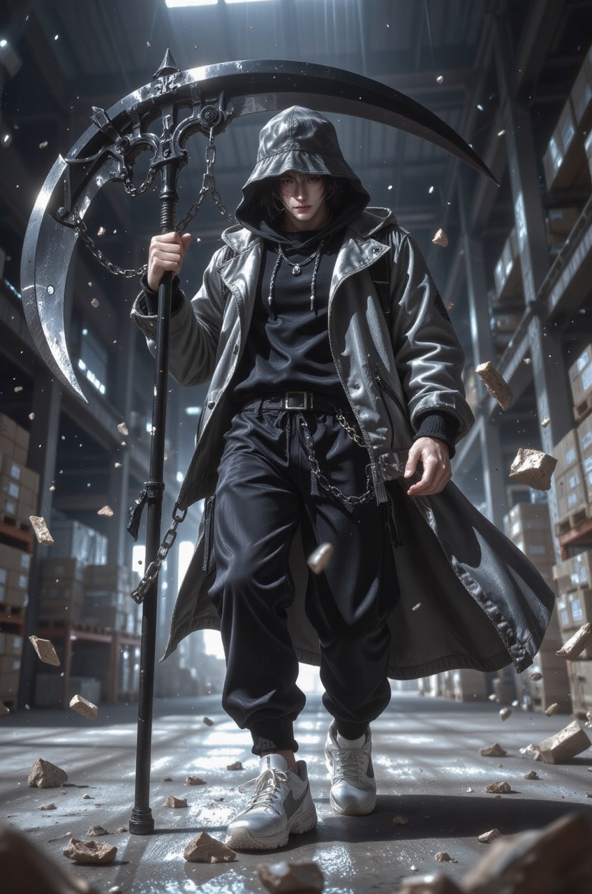 an anime illustration of a mysterious warrior captured from a dynamic eye-level perspective that emphasizes the aggressive...