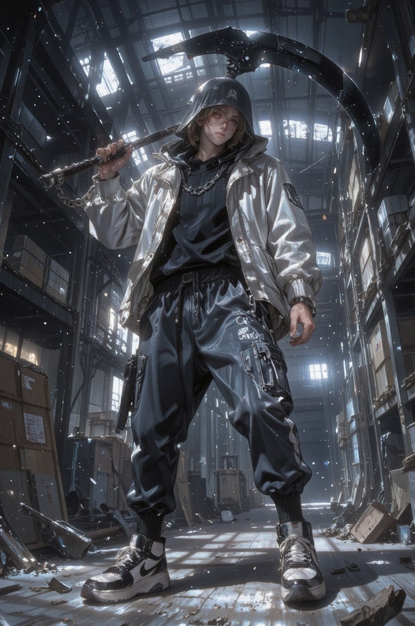 an anime illustration of a mysterious warrior captured from a dynamic eye-level perspective that emphasizes the aggressive...