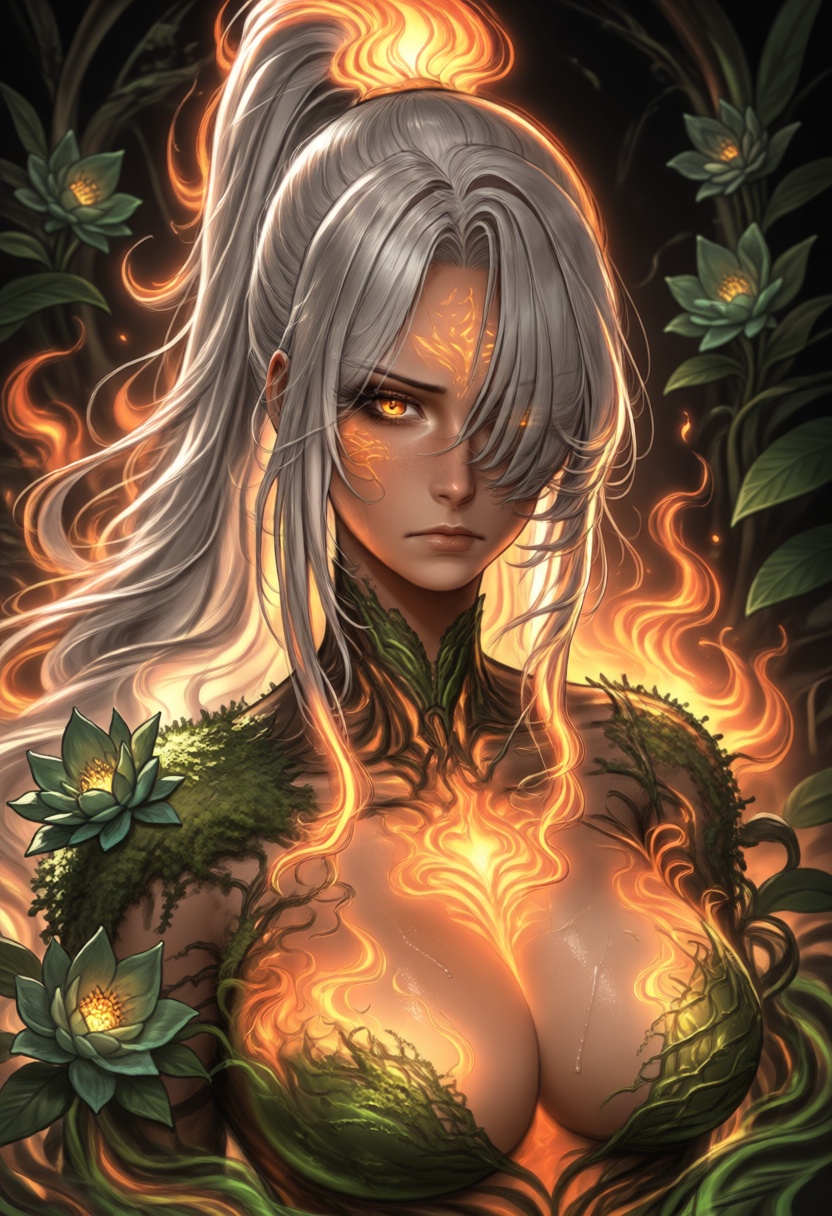 A digitally edited portrait of a woman with glowing orange eyes,  surrounded by vibrant,  glowing flames and green moss an...