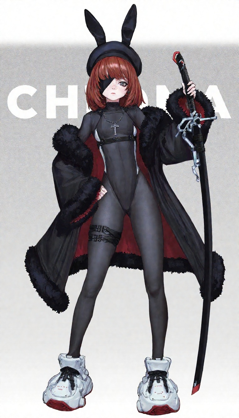 The image features a digital illustration of a female character with a distinctive stylized anime aesthetic. ,  latin cros...