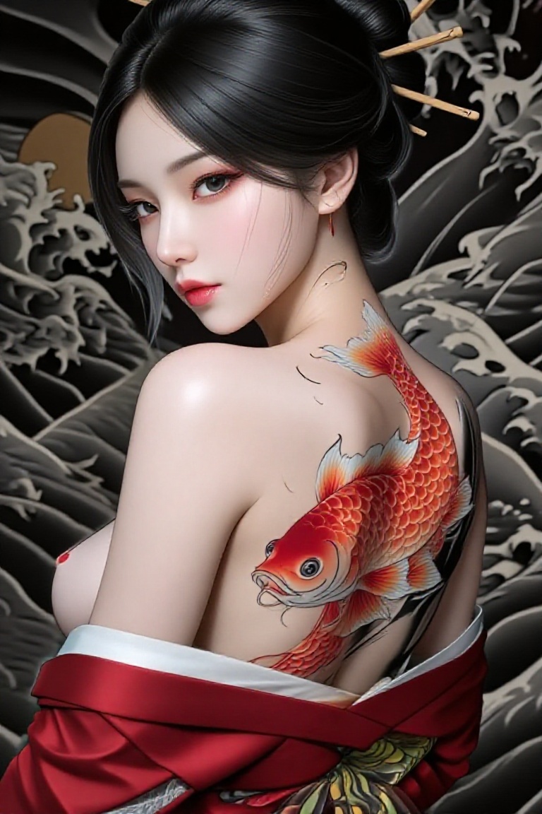 這張照片展示了一位時尚靚麗的韓國女仕,  她皮膚白皙,  容貌姣好。她背對著觀眾 on Tensor.Art