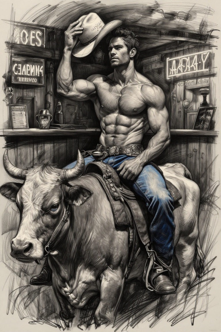 The image depicts a shirtless man with a rugged,  muscular build sitting on a cow. He is wearing a plaid shirt tied around...