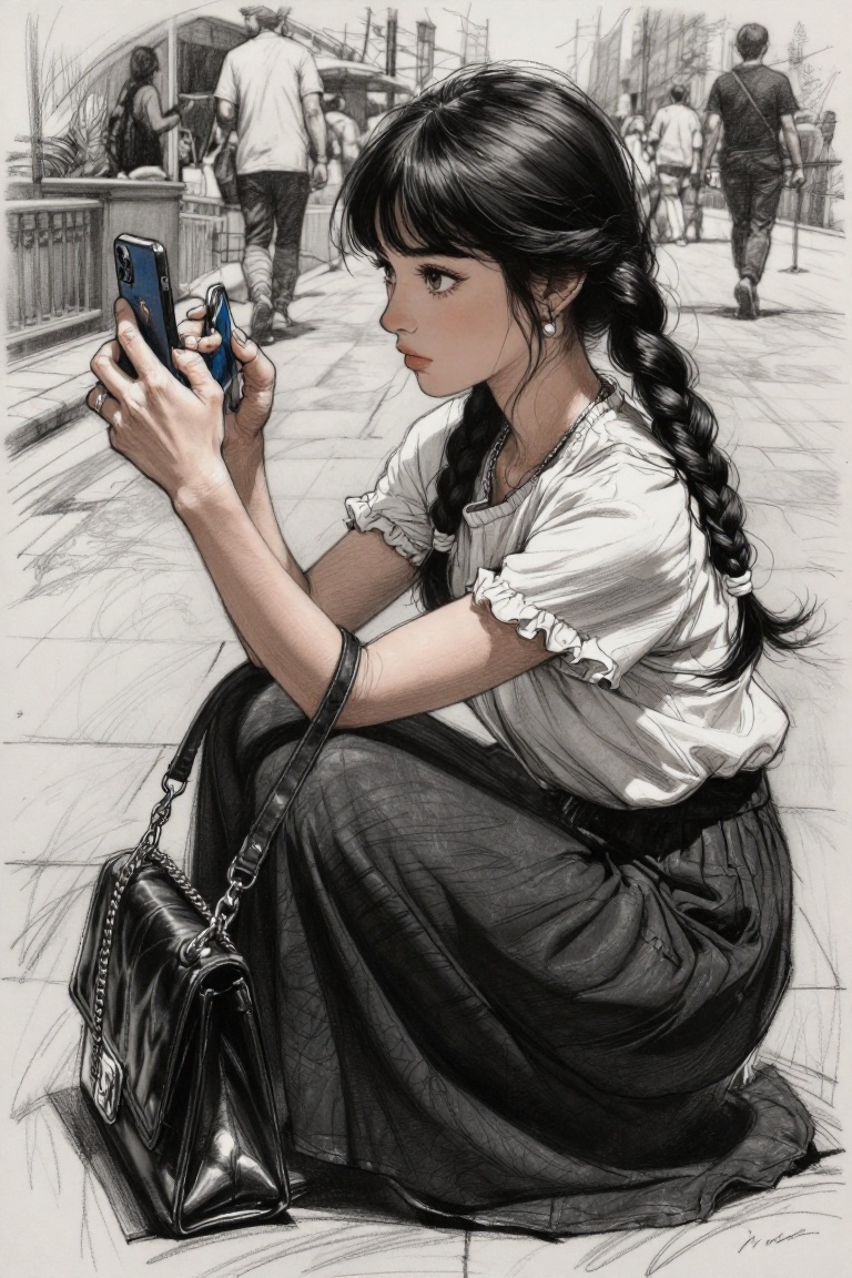 The image depicts a young woman with long black hair styled in two braids,  each secured with white scrunchies. She is wea...
