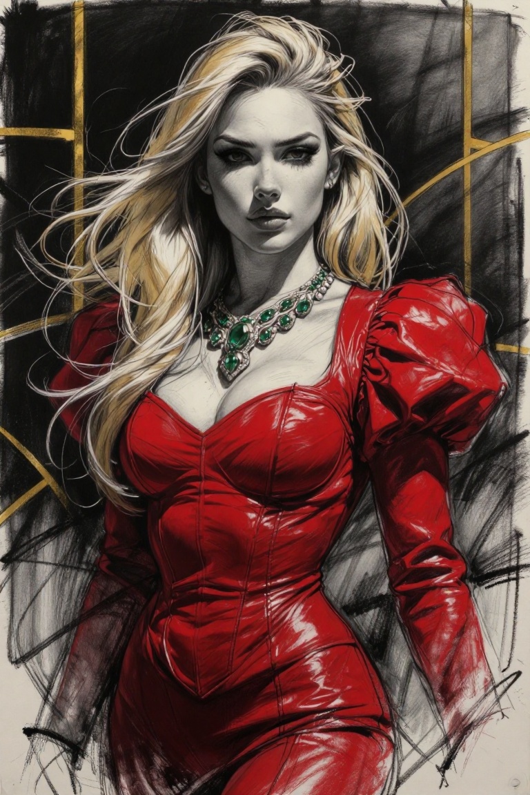 The image depicts a digitally rendered female character with long,  blonde hair. She is wearing a striking red outfit that...