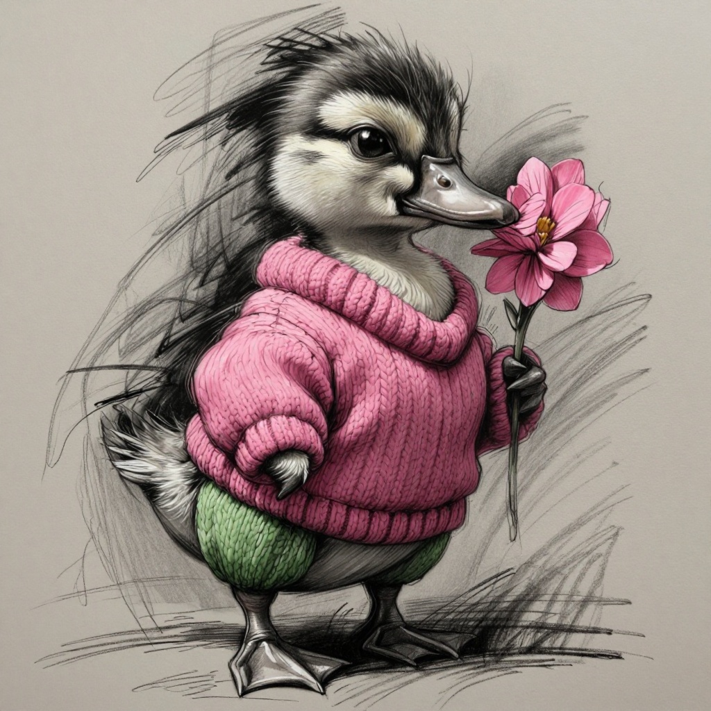 The image depicts a small,  adorable duckling dressed in a pink knitted sweater and green knitted pants. The duckling is h...