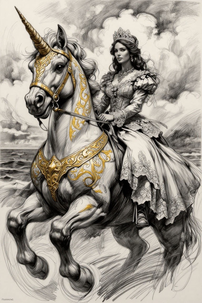 The image depicts a person riding a majestic unicorn. The unicorn is adorned with intricate golden patterns and a spiraled...