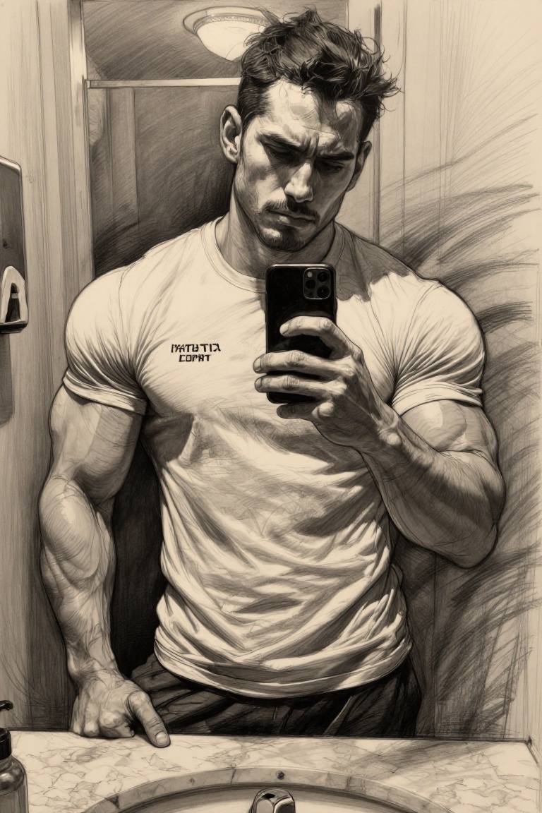 The image shows a person taking a selfie in front of a mirror. The individual is wearing a white t-shirt with the text "AT...
