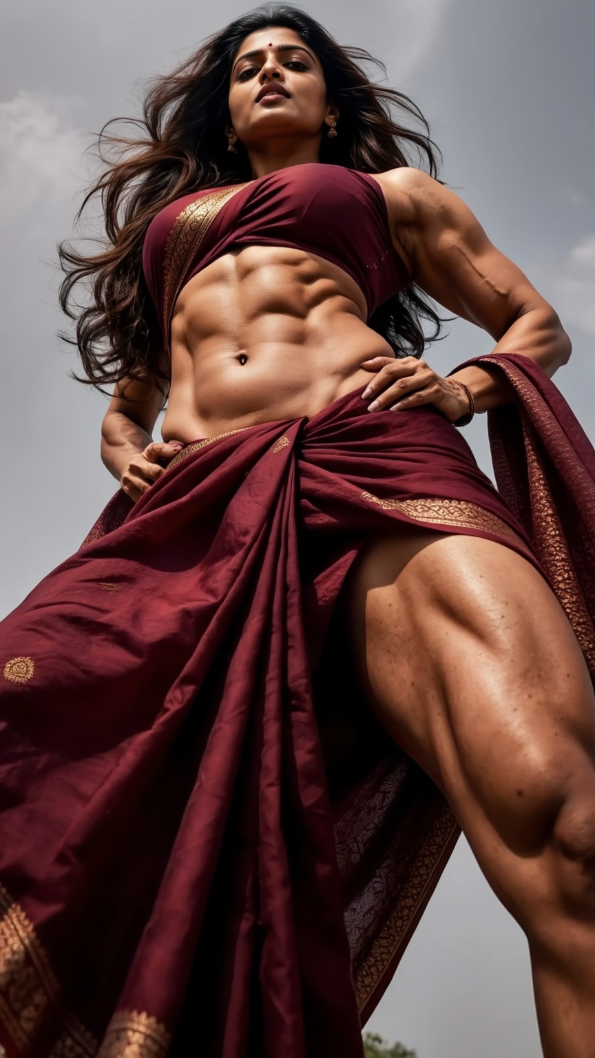 A worm's-eye view,  cinematic dynamic ground-level shot of a young muscular Indian woman in a traditional maroon silk sare...