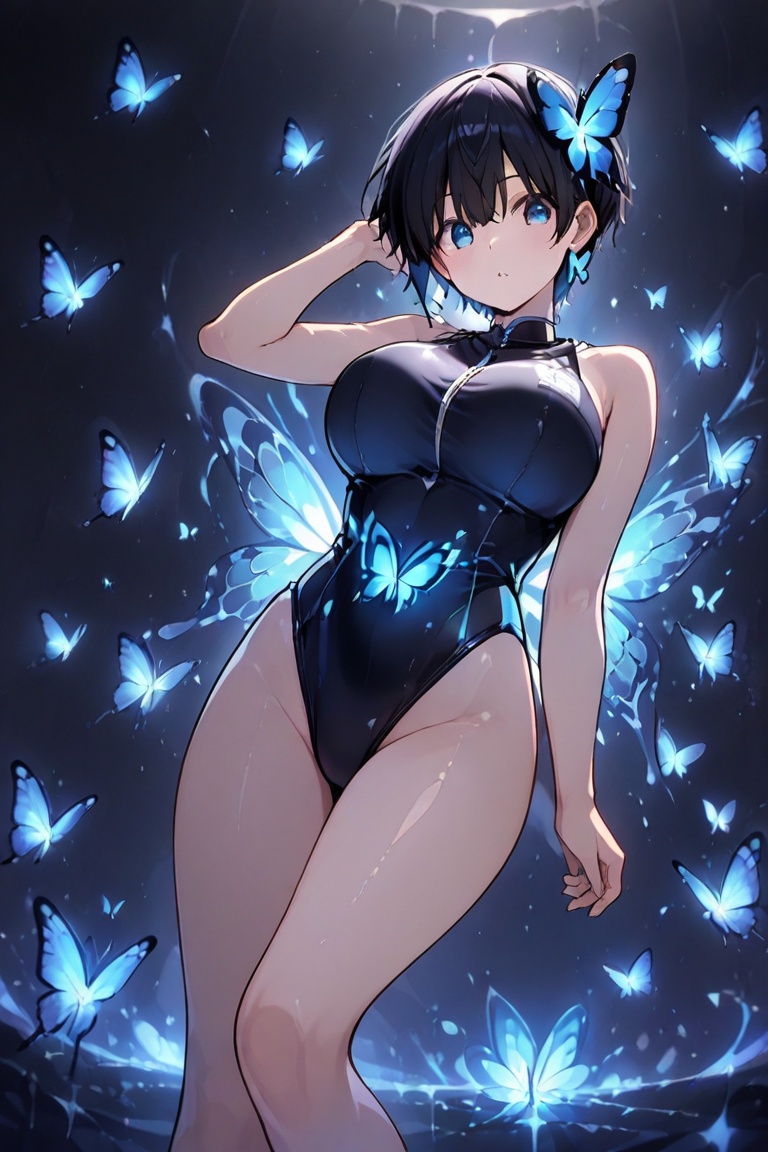Glowing effect,  butterfly hair ornament,  Very short hair Solid black high-cut leotard Enamel-finish black one-piece swim...