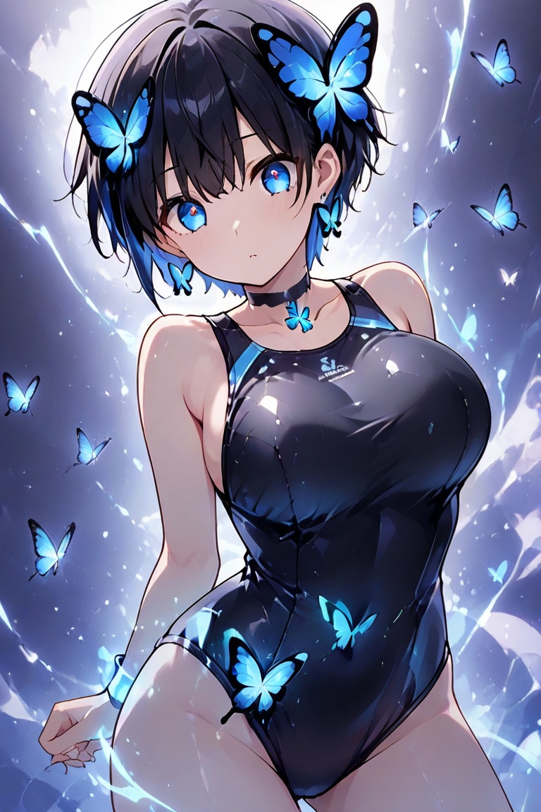 Glowing effect,  butterfly hair ornament,  Very short hair Solid black high-cut leotard Enamel-finish black one-piece swim...