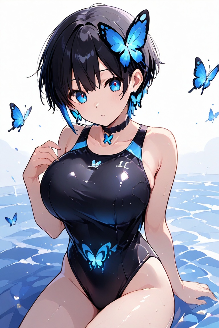 Glowing effect,  butterfly hair ornament,  Very short hair Solid black high-cut leotard Enamel-finish black one-piece swim...