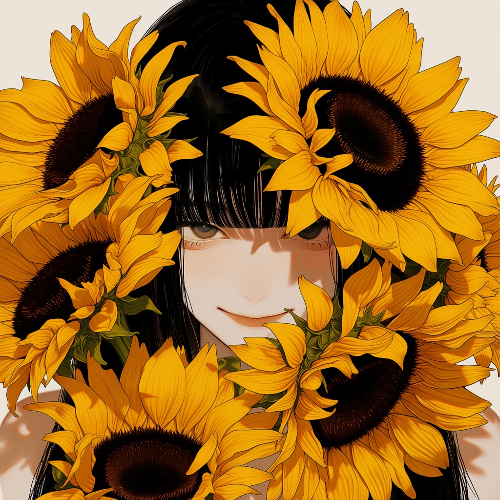 @NIJISIS,  a young woman with long black hair and bangs,  partially obscured by large by Yoruuu on Tensor.Art