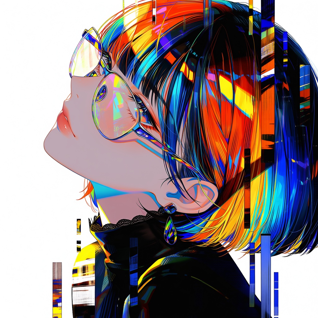@NIJISIS,  A stylish anime-style portrait of a young woman looking upwards,  vibrant multi-colored short hair with streaks...