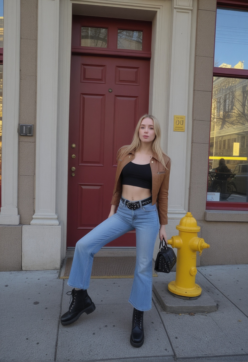 an ultra wide angle photograph captures a young woman posing on a city sidewalk in front of a pair of large,  weathered da...