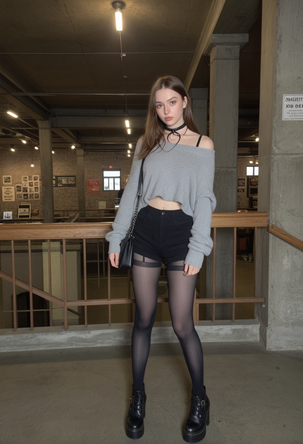an ultra wide angle photograph captures a young woman standing centrally in a rustic,  industrial-chic indoor venue with r...