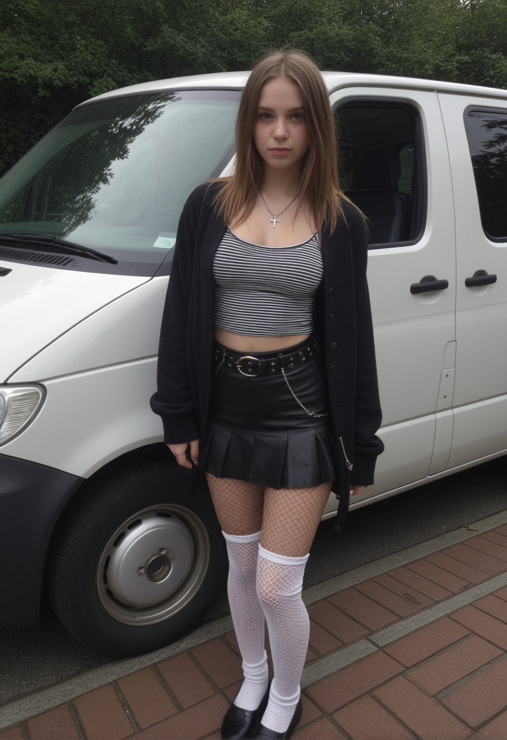 an ultra wide angle photograph captures a young woman posing outdoors in front of a clean white van parked on a brick-pave...