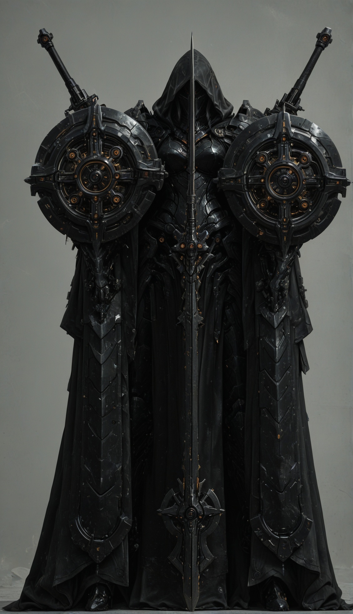 Massive black knight mech with obsidian armor plating and intricate exposed mechanical structures. Large angular shield co...