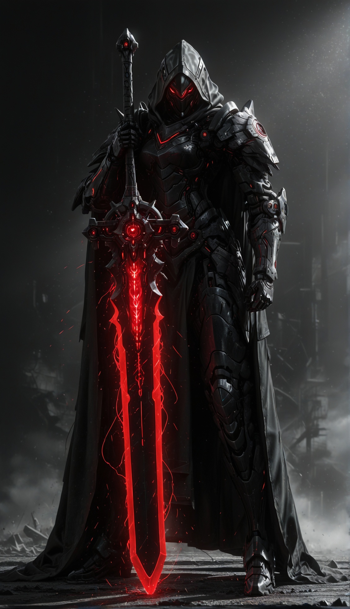 Giant futuristic knight mech clad in matte black armor with crimson glowing energy channels. Hooded helmet,  armored cape,...