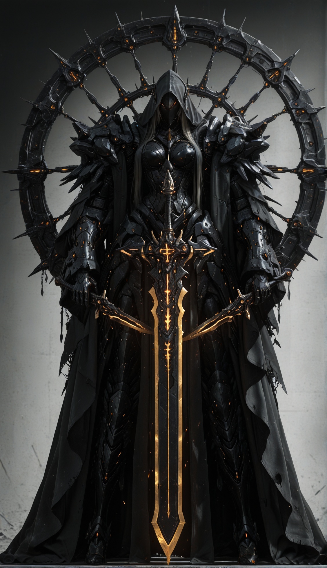 A colossal abyssal black knight mech standing in absolute silence,  obsidian armor forged from angular segmented plates,...