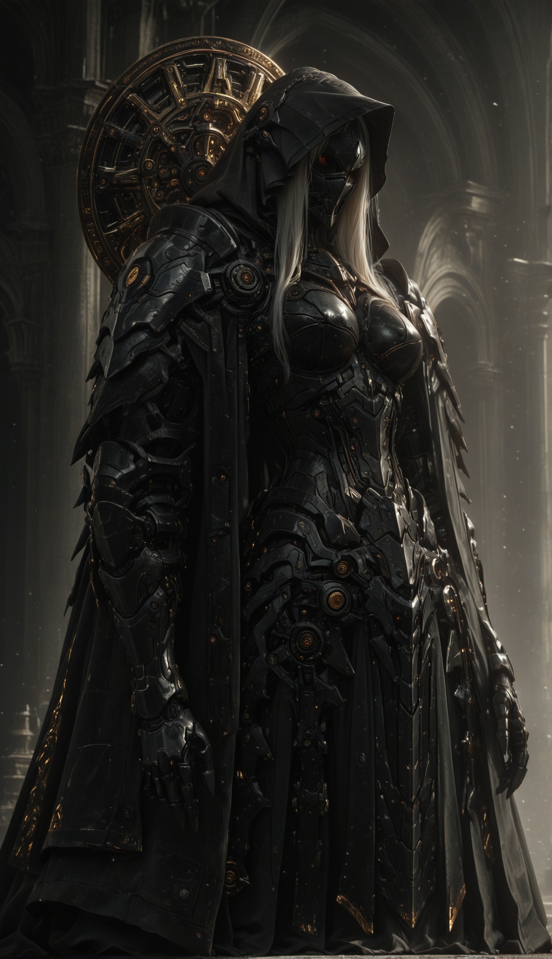 Massive black knight mech with obsidian armor plating and intricate exposed mechanical structures. Large angular shield co...