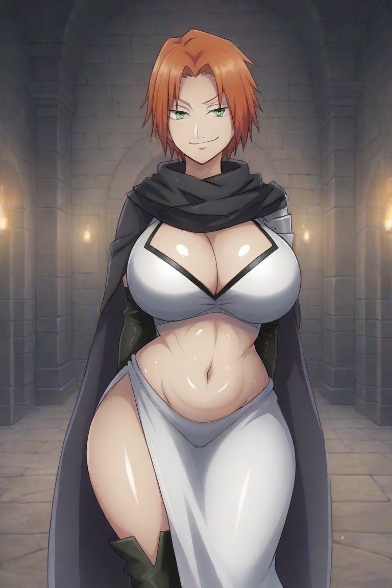 This digital anime illustration depicts a woman with short,  vibrant orange hair and green eyes standing confidently in a...