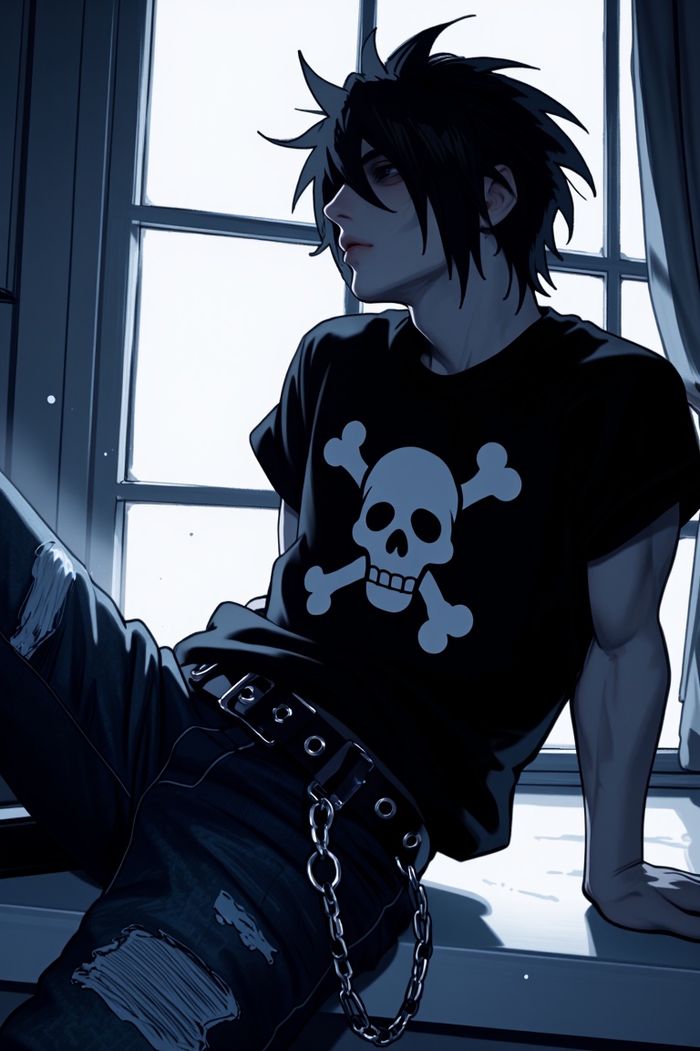 omyobe. This digital illustration depicts a person with spiky,  dark hair sitting in a casual,  reclined pose on a window...