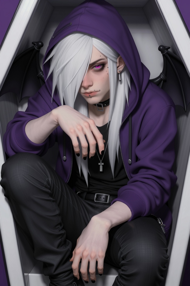 a half-body image of a 1boy with bat wings,  black nails,  ear piercing on Tensor.Art