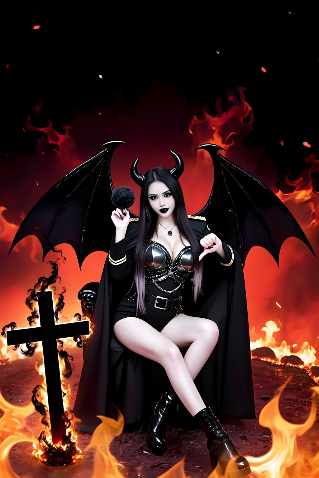 A busty girl with huge black devil wings (like bat-like wings),  raised her chin with an arrogant expression on her face,...
