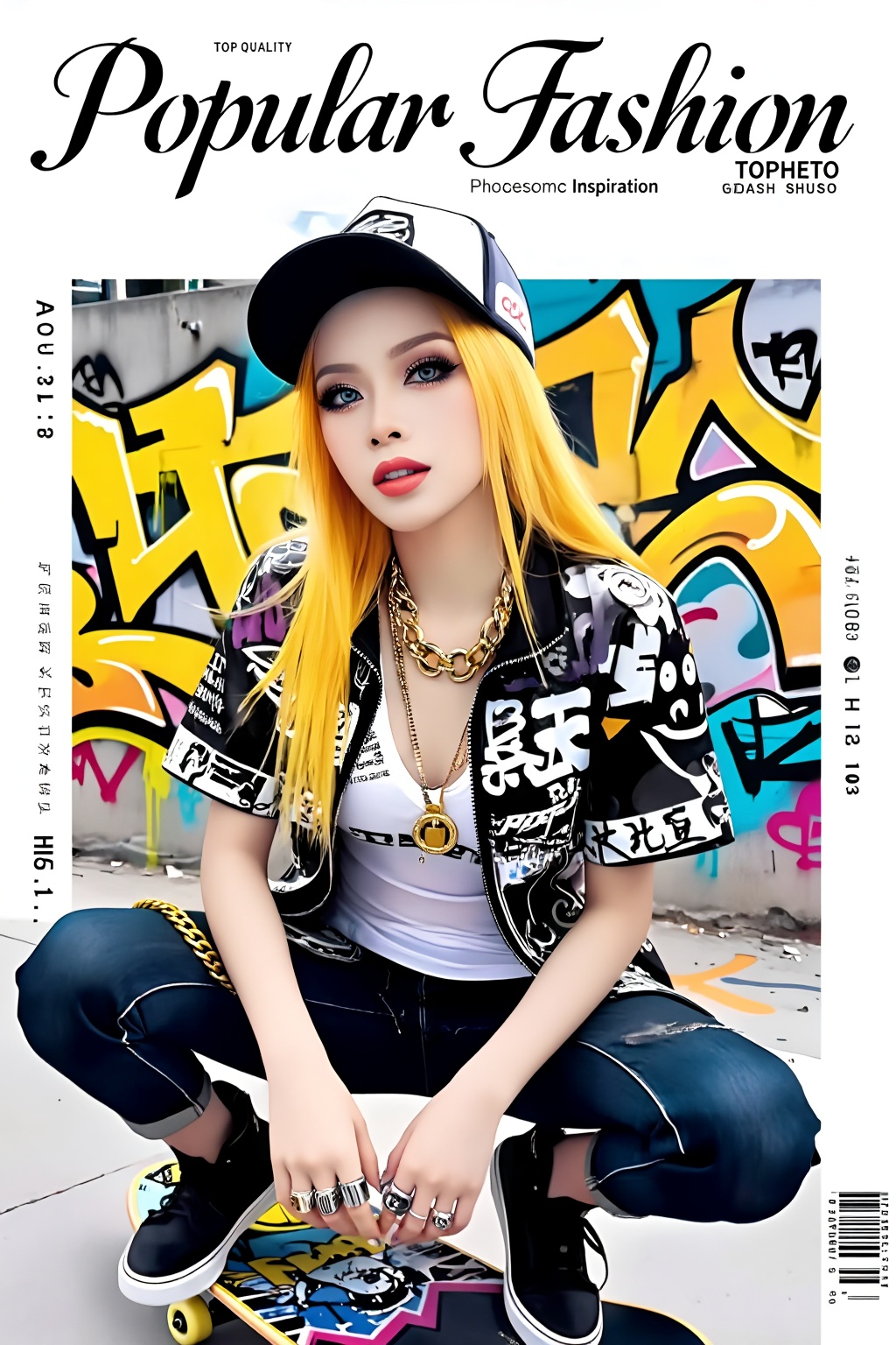Top quality. Inspiration: Cover design,  street graffiti. Cover: A long-haired girl wearing a black and white baseball cap...