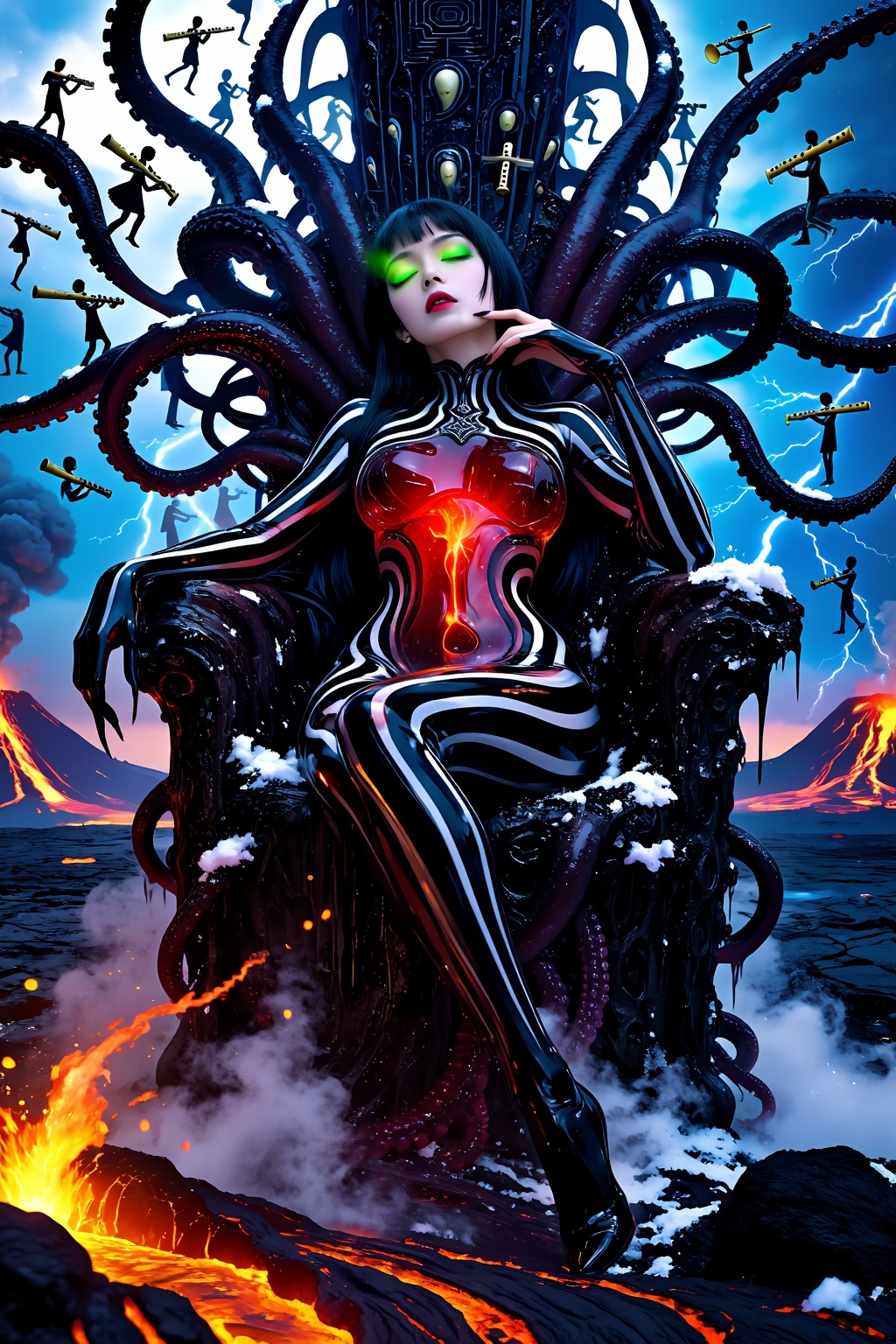 A beautiful queen reclined languidly on a throne formed of tentacles. One hand cradled her head,  her eyes half-closed. A...