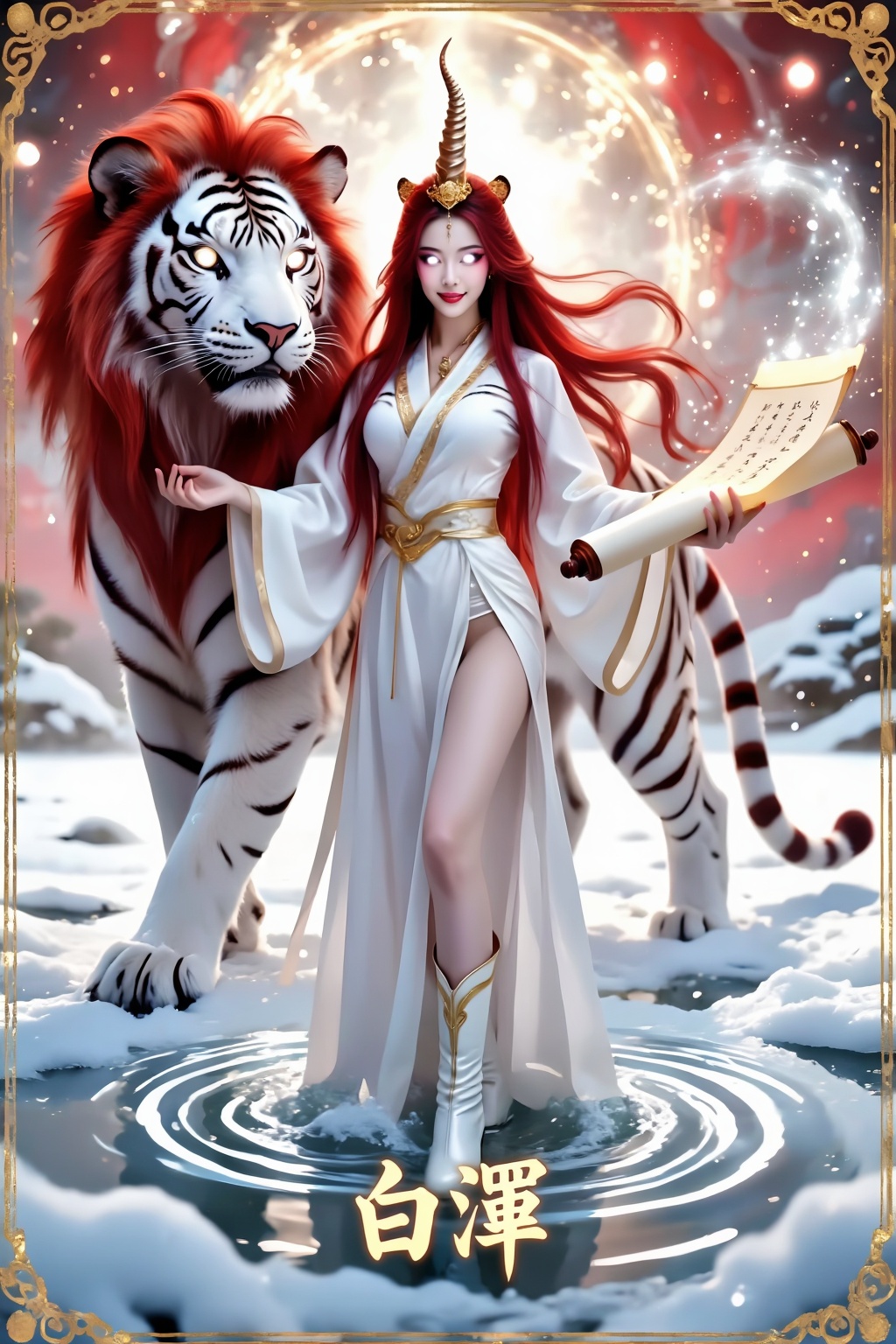 Top quality. Inspiration: Chinese mythology,  the Four Mythical Beasts,  白澤. Appearance: Modeled after Bai Ze on Tensor.Art