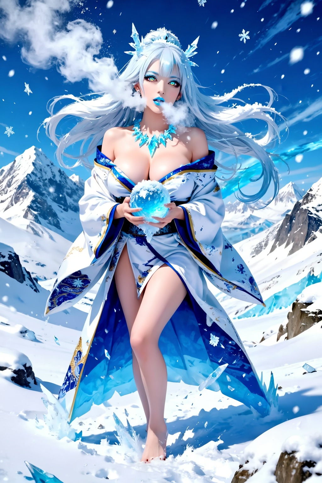 Top quality. Inspiration: Frost,  Snow Woman,  Ice Beads. This painting depicts the Japanese yokai—the Snow Woman. She wea...