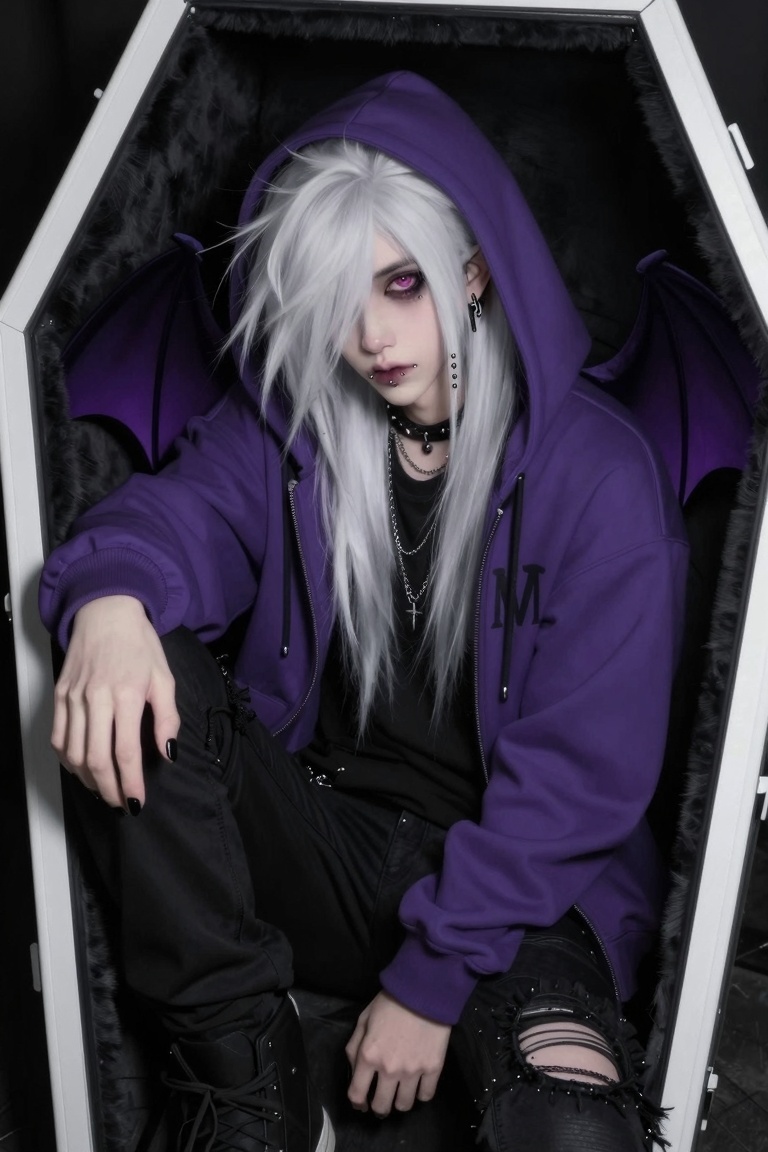 a half-body image of a 1boy with bat wings,  black nails,  ear piercing on Tensor.Art