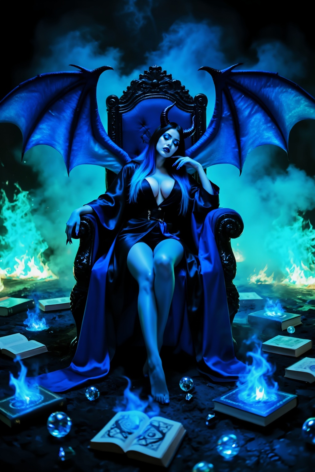 A busty girl with huge turkish blue demon wings (like bat-like wings),  eyes closed,  lazy expression on her face on Tenso...