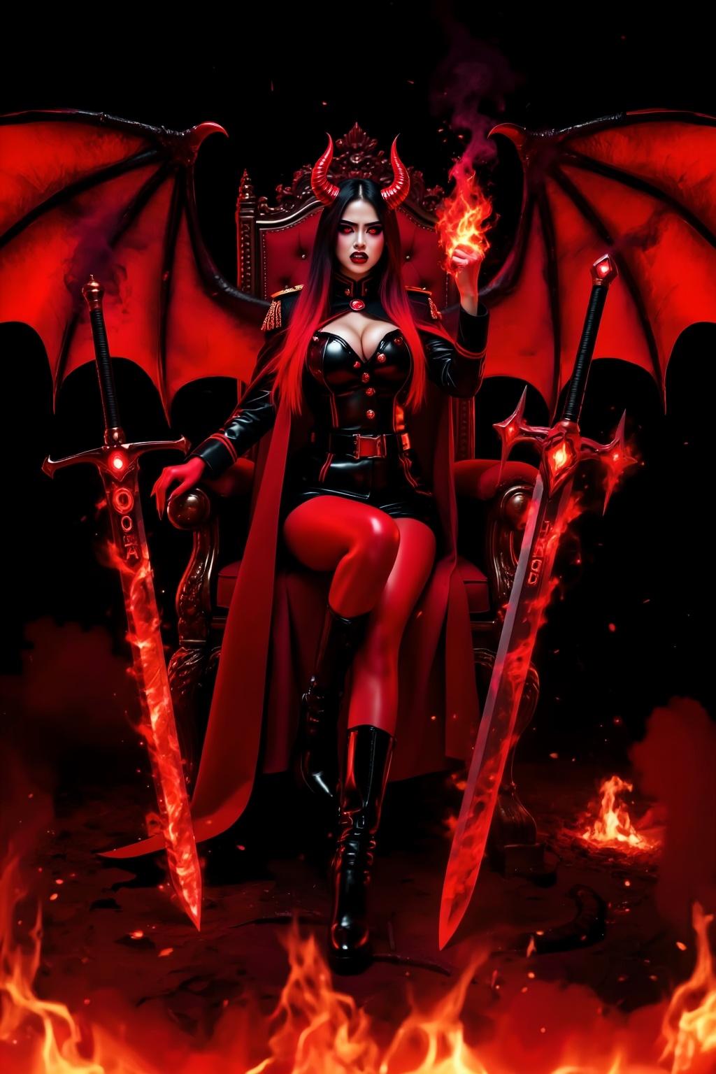 A busty girl with huge bright red demon wings (like bat-like wings),  with a cold and disgusted expression on her face,  w...