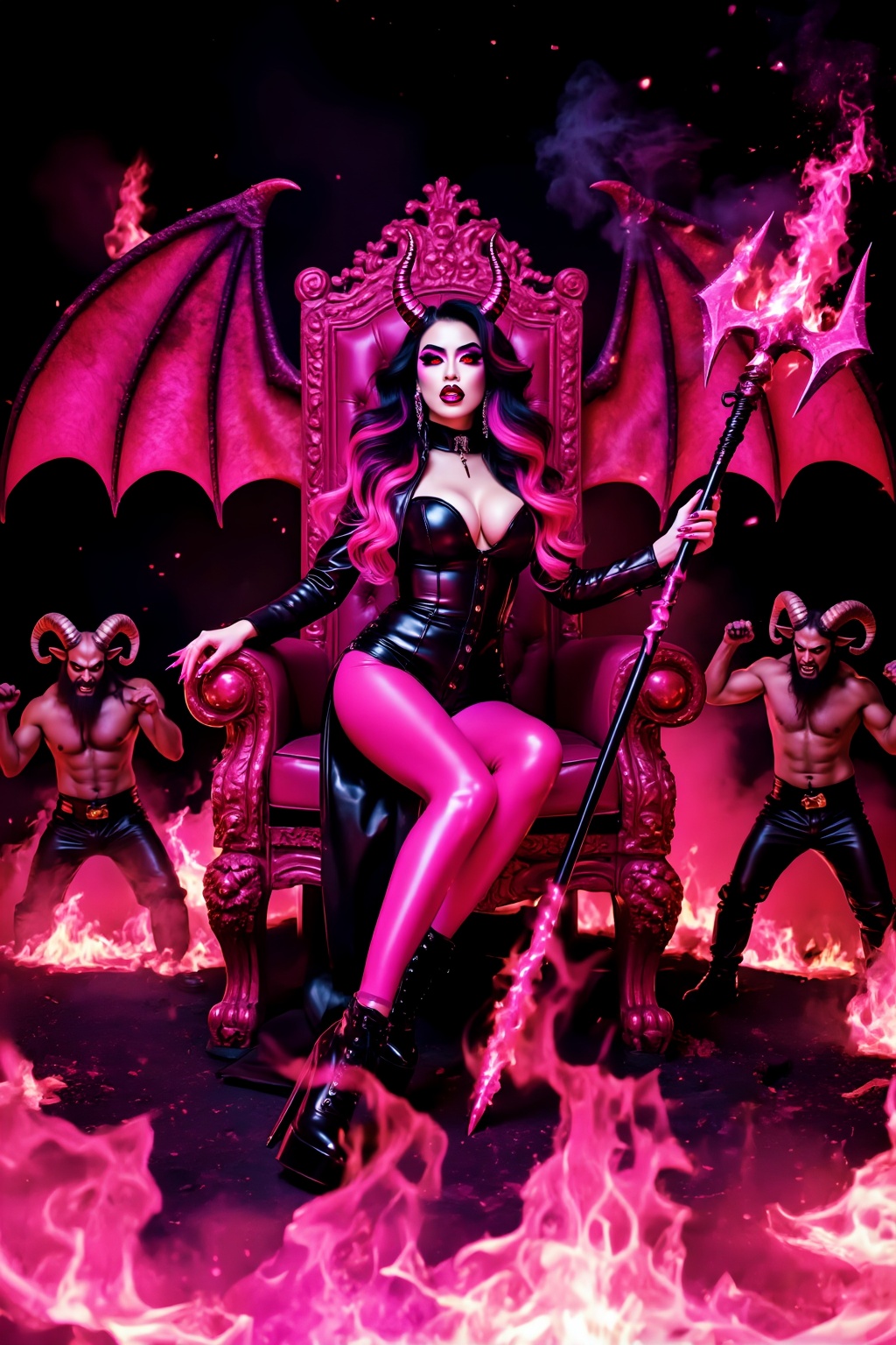 A busty chick with huge ruby ​​red demon wings (like bat-like wings) with a lustful expression on her face,  wearing a bla...