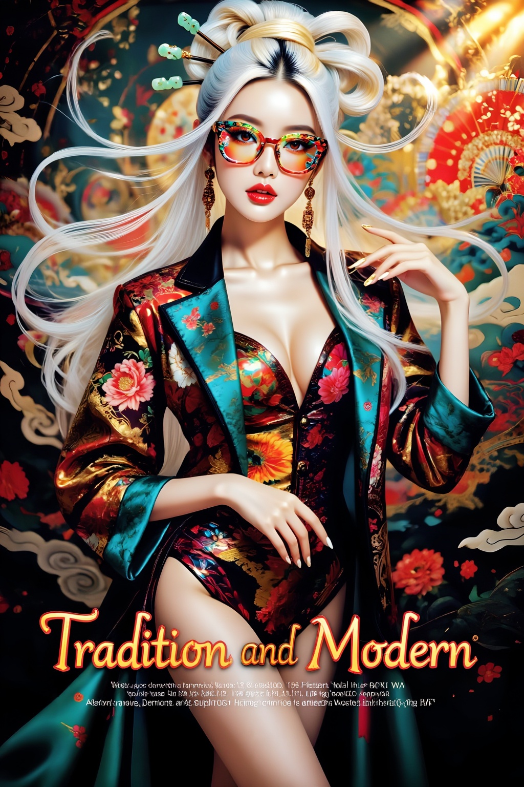 Top quality. Inspiration: Cover design. Image: A long-haired girl wearing patterned plastic-framed glasses,  gazing at the...