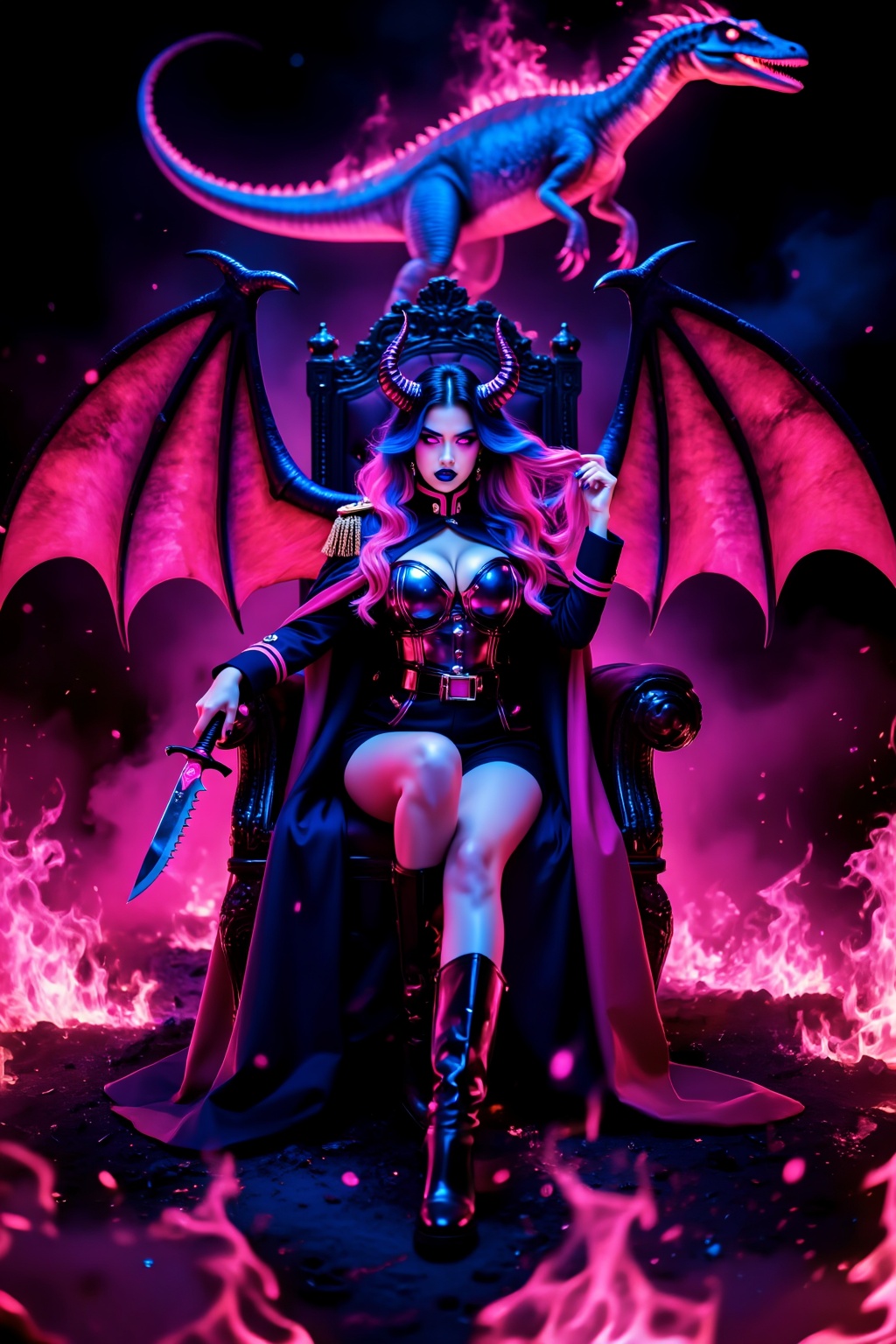 A busty girl with huge dark pink and blue demon wings (like bat-like wings),  with a jealous expression on her face,  wear...