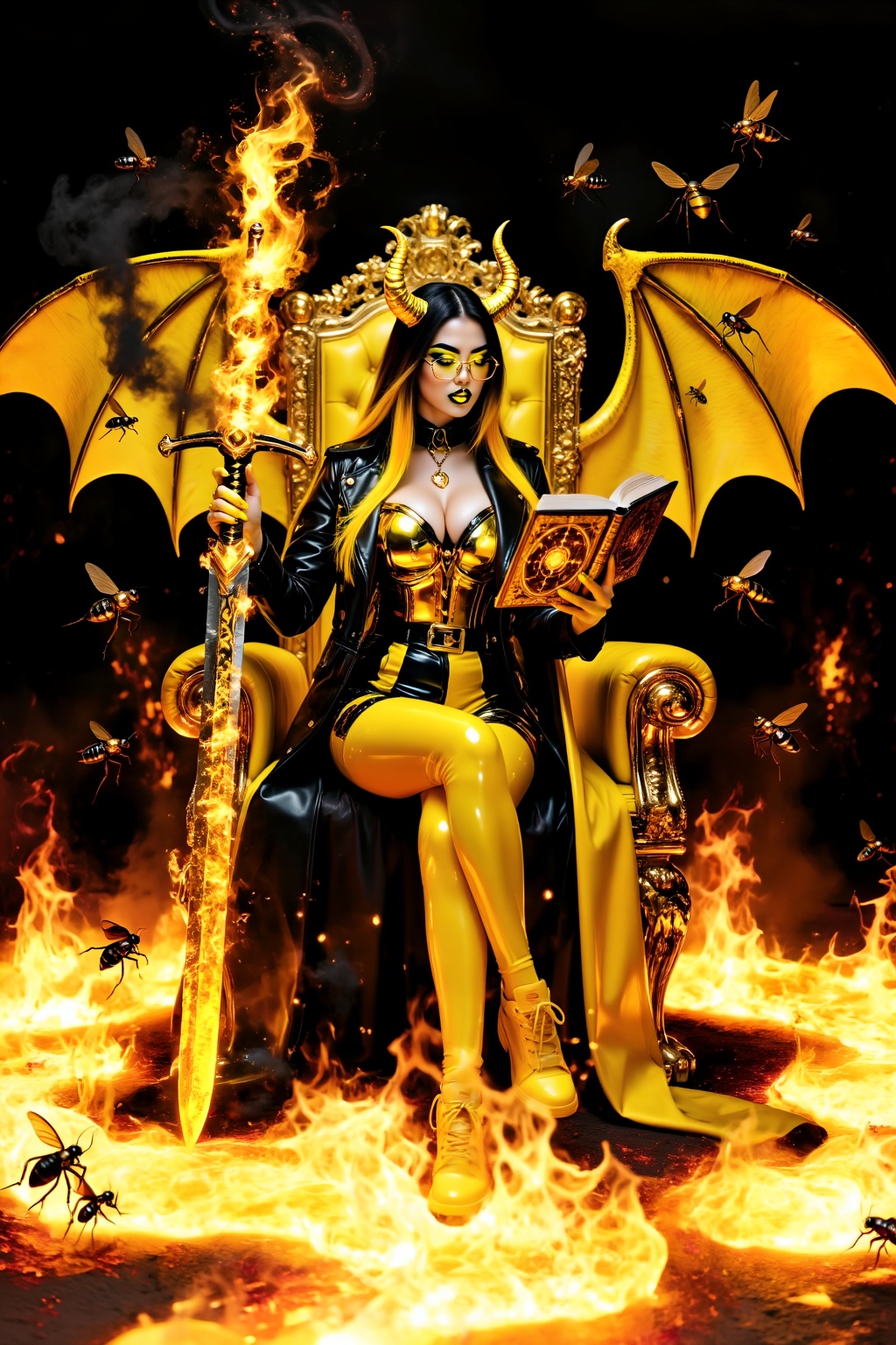 A busty girl with huge chrome-yellow devil wings (like bat-like wings),  with an expression full of wisdom,  wearing a bla...