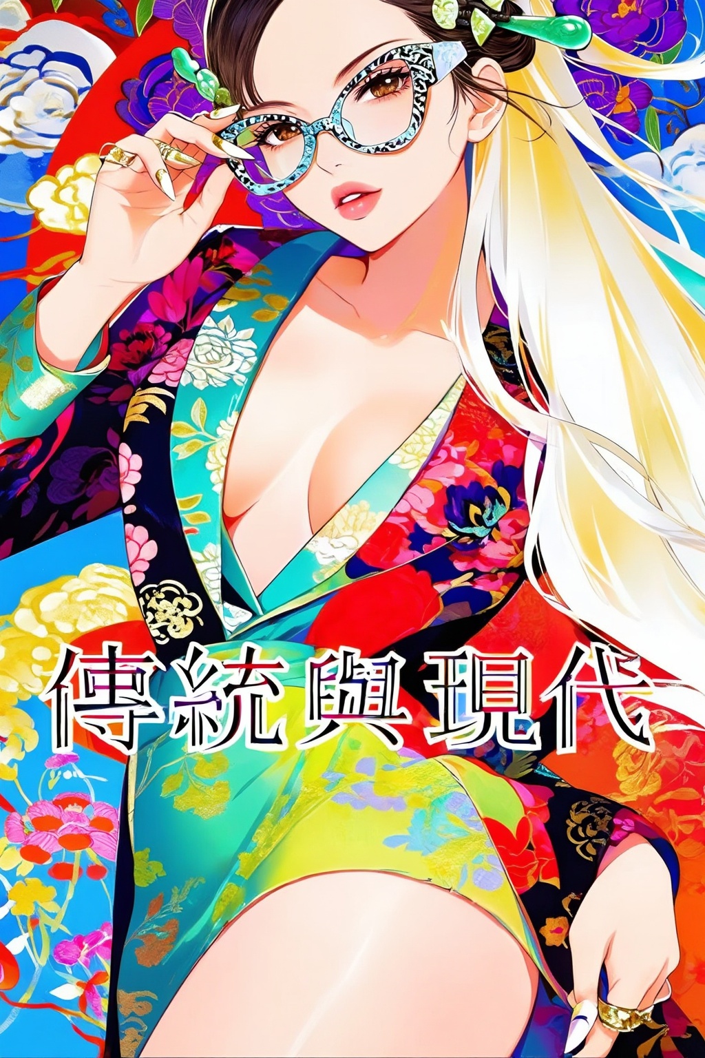 Top quality. Inspiration: Cover design. Image: A long-haired girl wearing patterned plastic-framed glasses,  gazing at the...