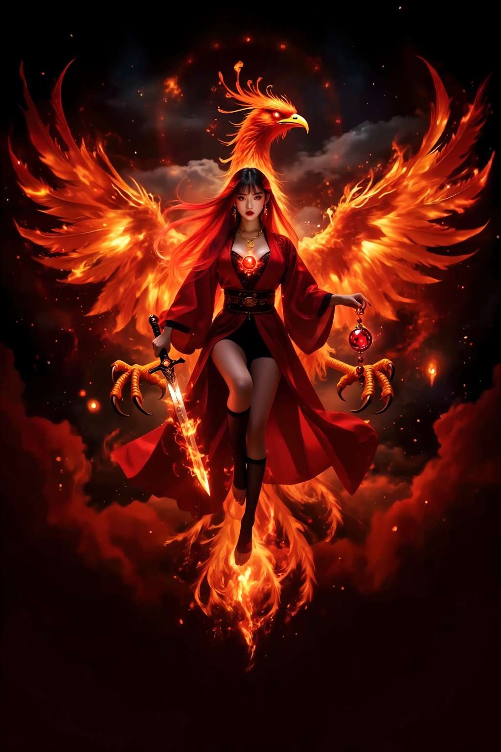 Close-up: A magnificent,  beautiful,  and intricate composition depicts a young woman and a phoenix working together to ha...