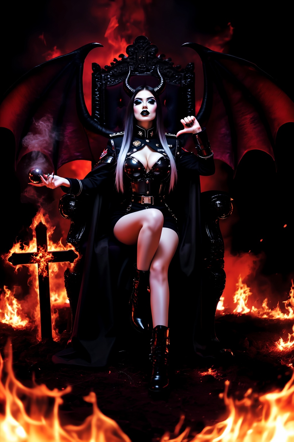 A busty girl with huge black devil wings (like bat-like wings),  raised her chin with an arrogant expression on her face,...